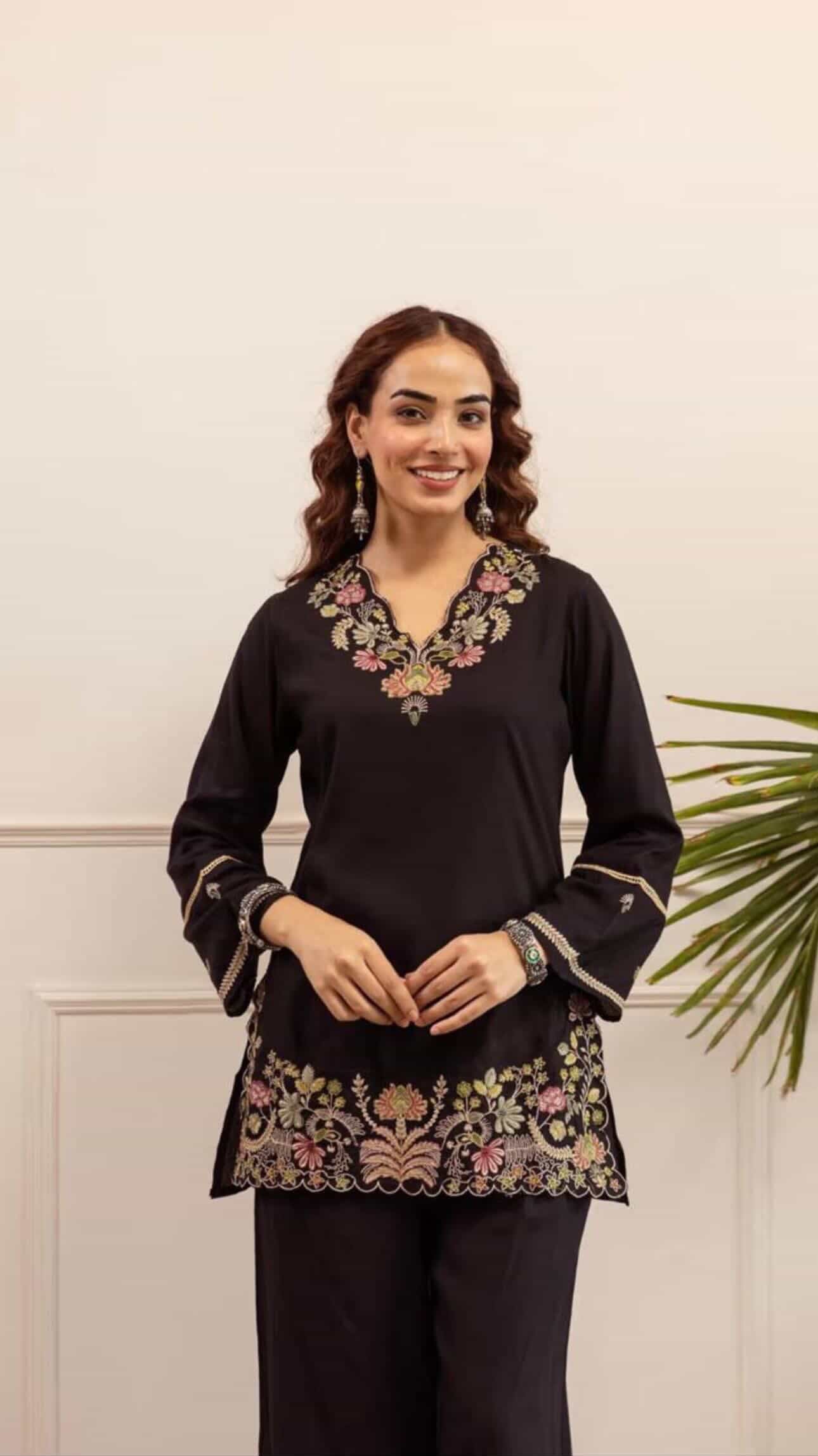 Black Floral Embroidered Coord Set