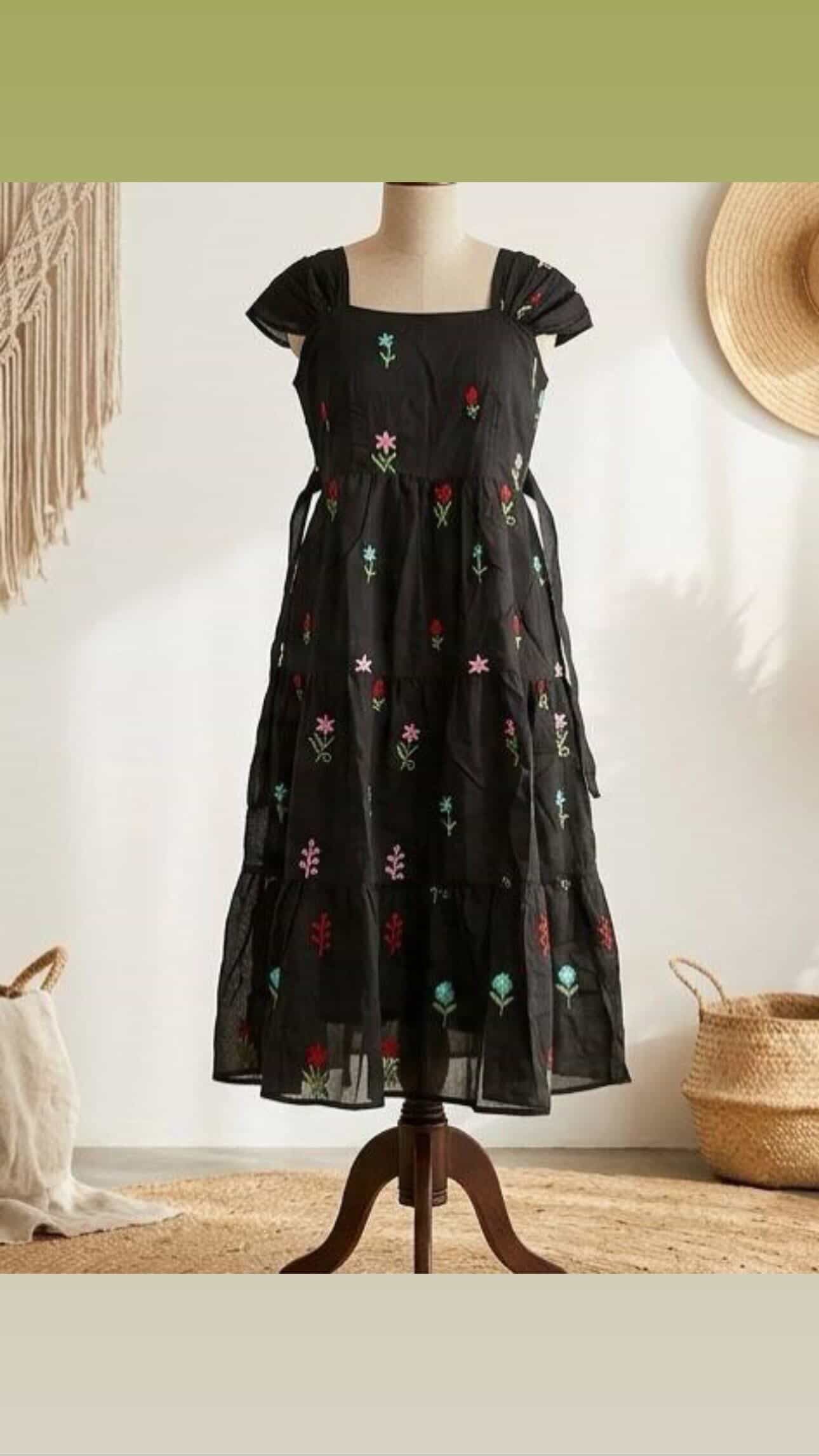 Black Floral Embroidered Midi Dress