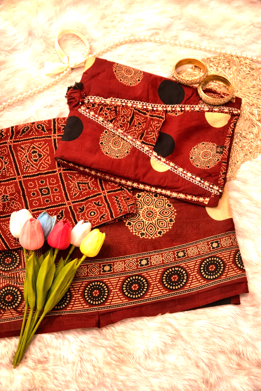 Brick Red Printed Cotton Kurta Set