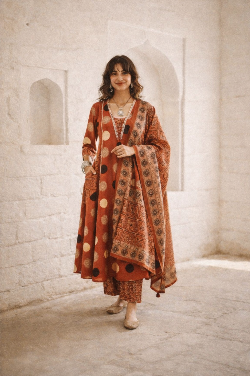 Brick Red Printed Cotton Kurta Set