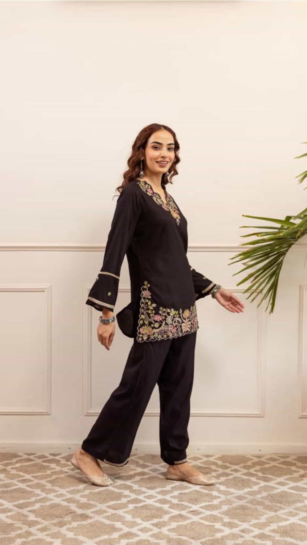 Black Floral Embroidered Coord Set