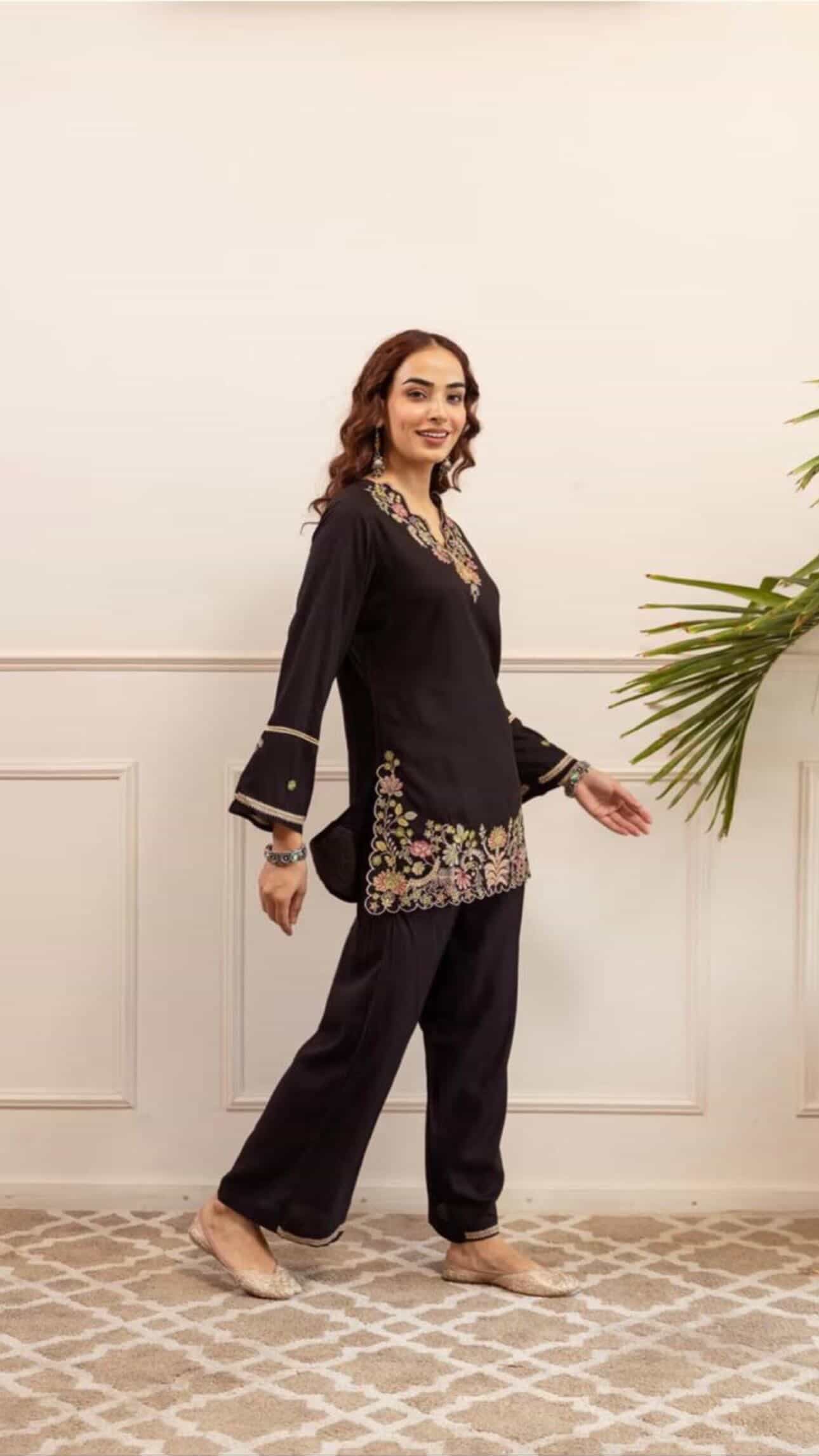 Black Floral Embroidered Coord Set