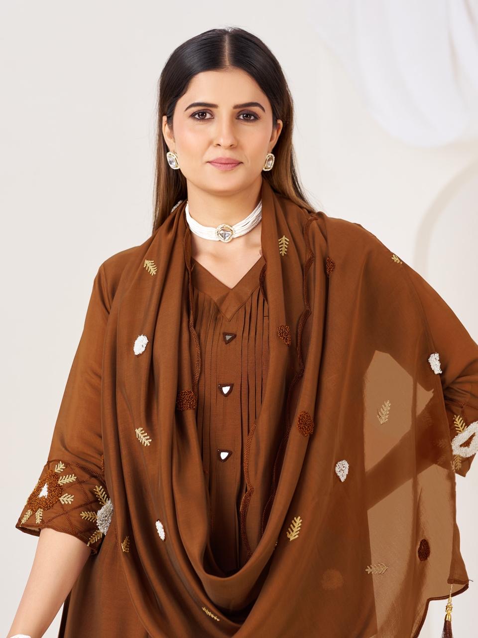 Noor Chocolate Brown Mul Chanderi Embroidered Set
