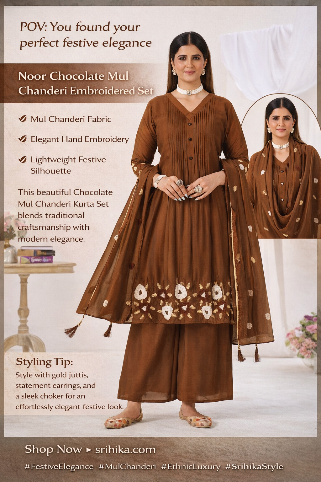 Noor Chocolate Brown Mul Chanderi Embroidered Set