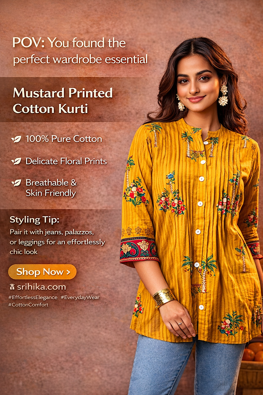 Mustard Printed Pure Cotton Kurti