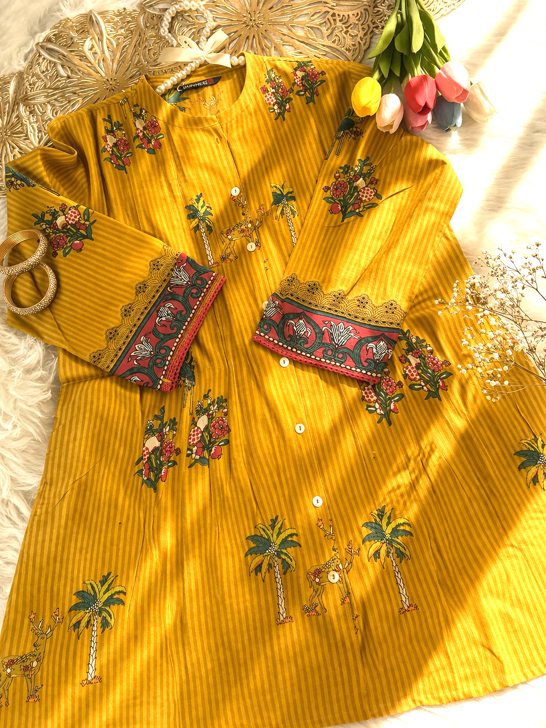 Mustard Printed Pure Cotton Kurti