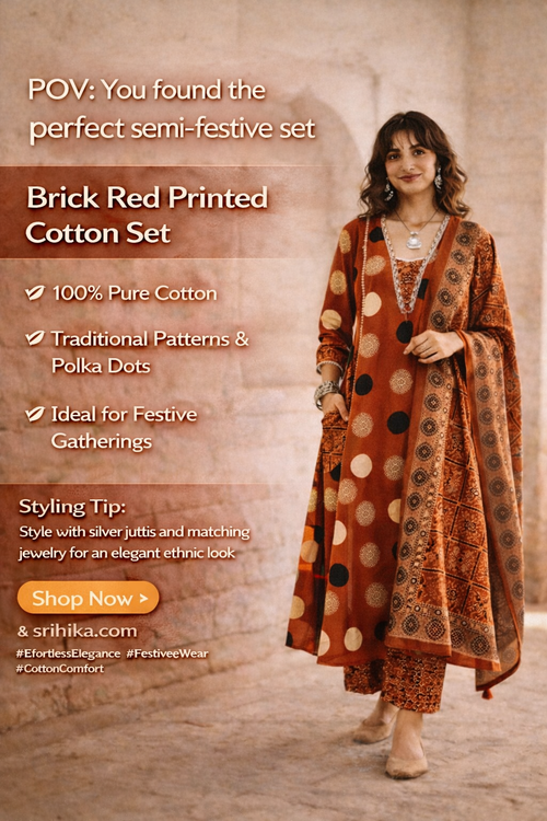 Brick Red Printed Cotton Kurta Set