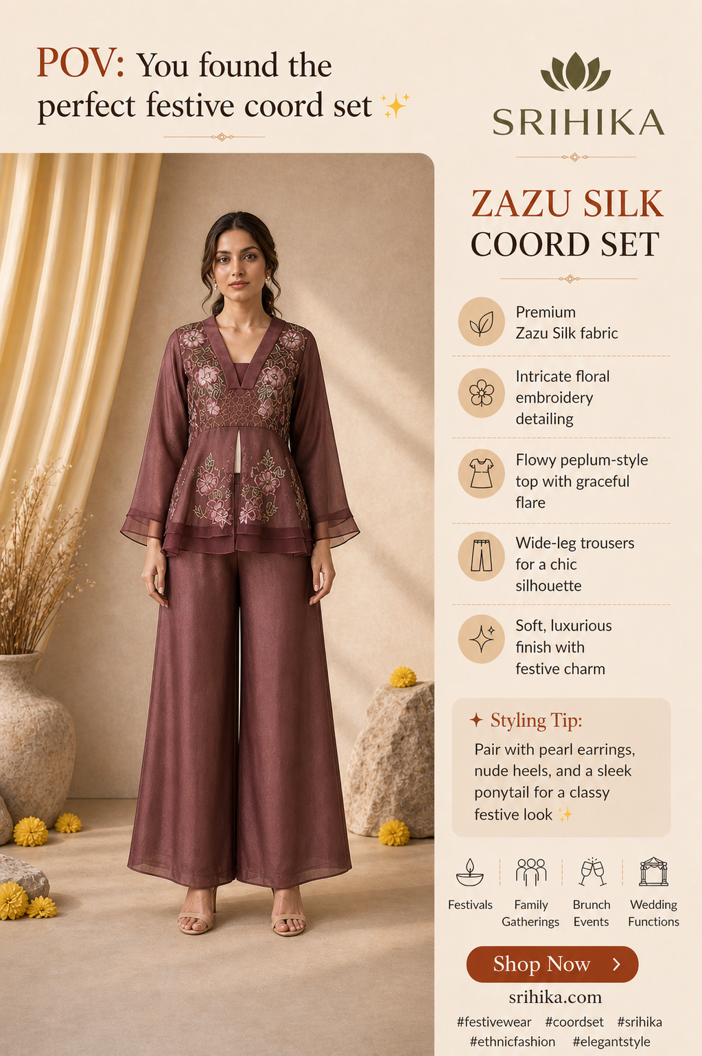 Zazu Silk Coord Maroon – Elegant Festive Wear for Women