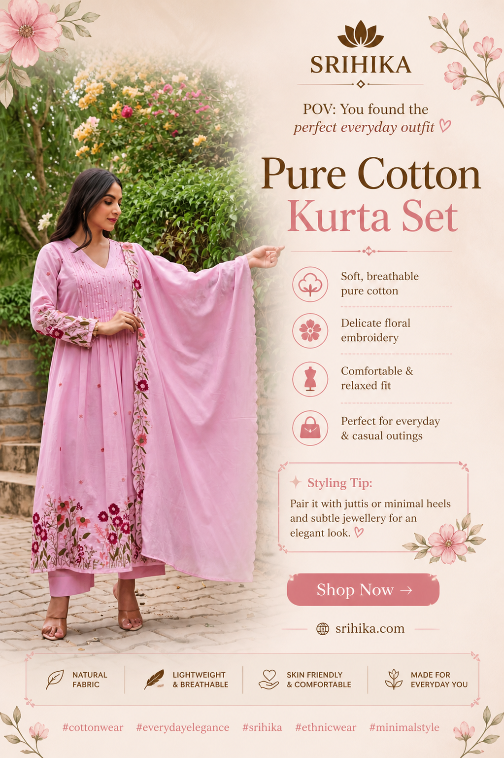 Blush Pink - Pure Cotton Embroidered Kurta Set